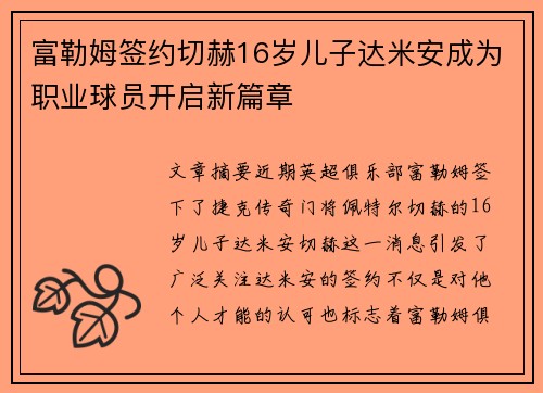 富勒姆签约切赫16岁儿子达米安成为职业球员开启新篇章